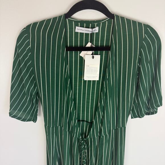 NWT Faithfull the Brand Womens Rivers Wrap Green/White Striped Tie Midi Dress 2 - Picture 4 of 12